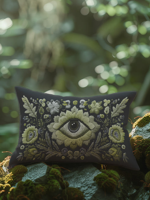 All-seeing eye botanical lumbar pillow with mystical herbal embroidery on dark navy fabric. Gothic cottagecore throw pillow featuring protective third eye symbol surrounded by sage botanicals, oak leaves & wildflowers. Witchy home decor with medieval tapestry aesthetic. Perfect for bohemian spiritual spaces, pagan decor & occult art lovers. 20x12 lumbar size.